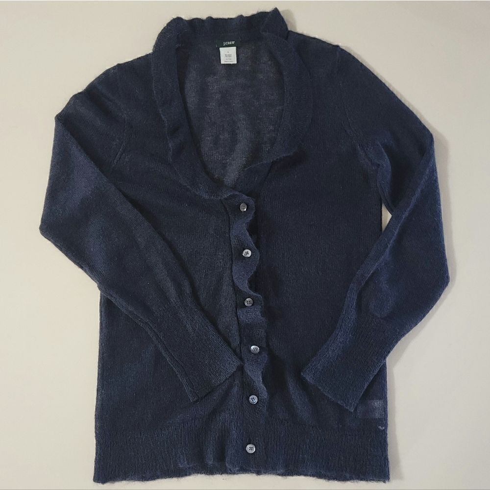 J. Crew Women's Navy Ruffle V-neck Mohair Long Sleeve Cardigan Sweater